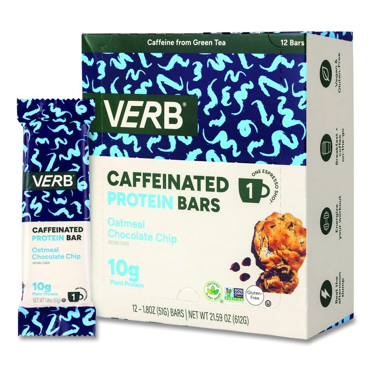 Caffeinated Protein Bar, Oatmeal Chocolate Chip, 1.8 oz Bar, 12/Box