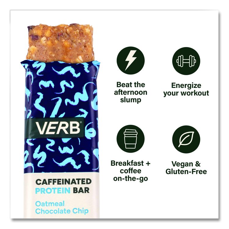 Caffeinated Protein Bar, Oatmeal Chocolate Chip, 1.8 oz Bar, 12/Box