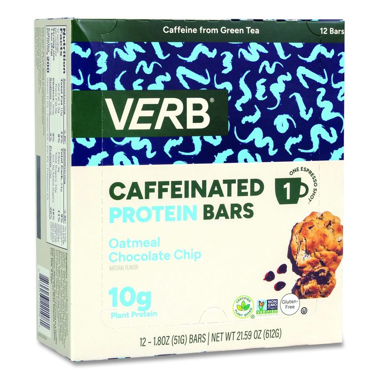 Caffeinated Protein Bar, Oatmeal Chocolate Chip, 1.8 oz Bar, 12/Box