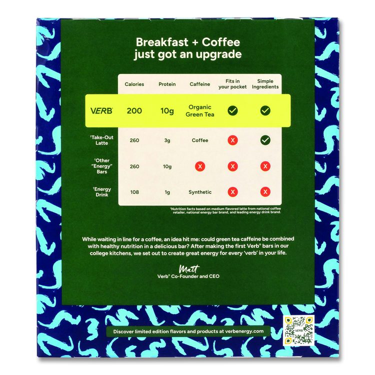 Caffeinated Protein Bar, Oatmeal Chocolate Chip, 1.8 oz Bar, 12/Box
