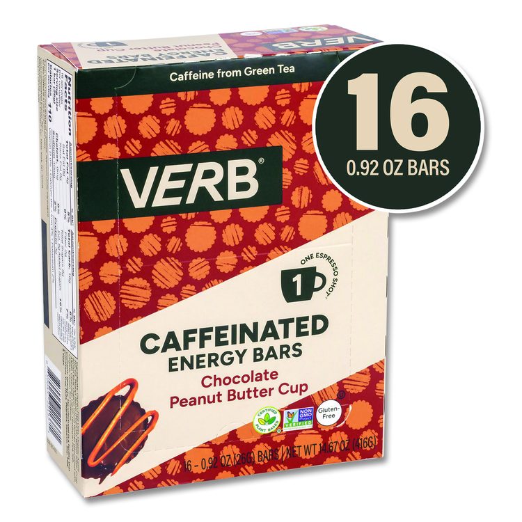 Caffeinated Energy Bar, Chocolate Peanut Butter Cup, 0.92 oz Bar, 16/Box