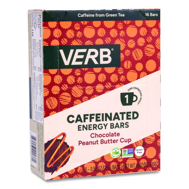 Caffeinated Energy Bar, Chocolate Peanut Butter Cup, 0.92 oz Bar, 16/Box