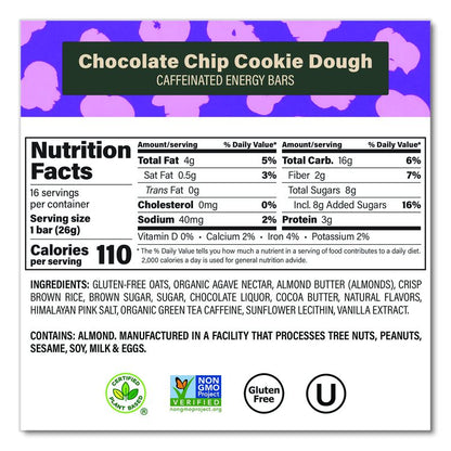 Caffeinated Energy Bar, Chocolate Chip Cookie Dough, 0.92 oz Bar, 16/Box