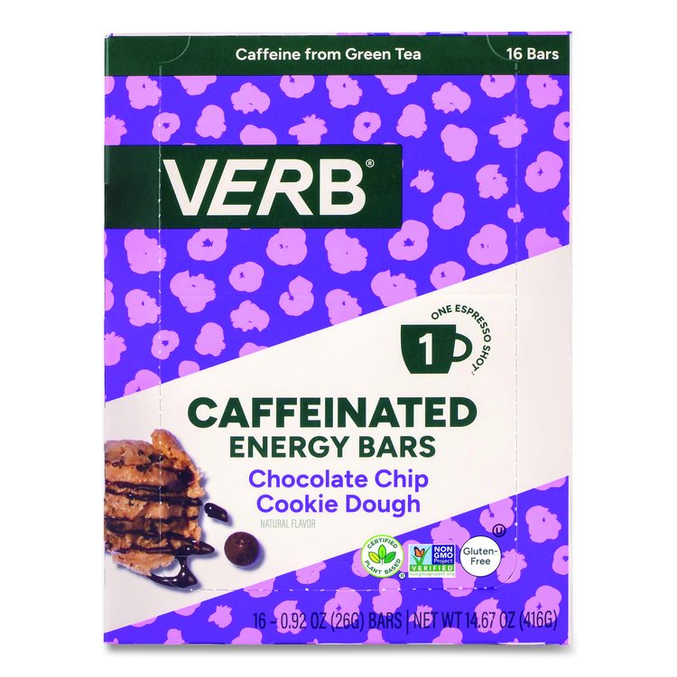 Caffeinated Energy Bar, Chocolate Chip Cookie Dough, 0.92 oz Bar, 16/Box