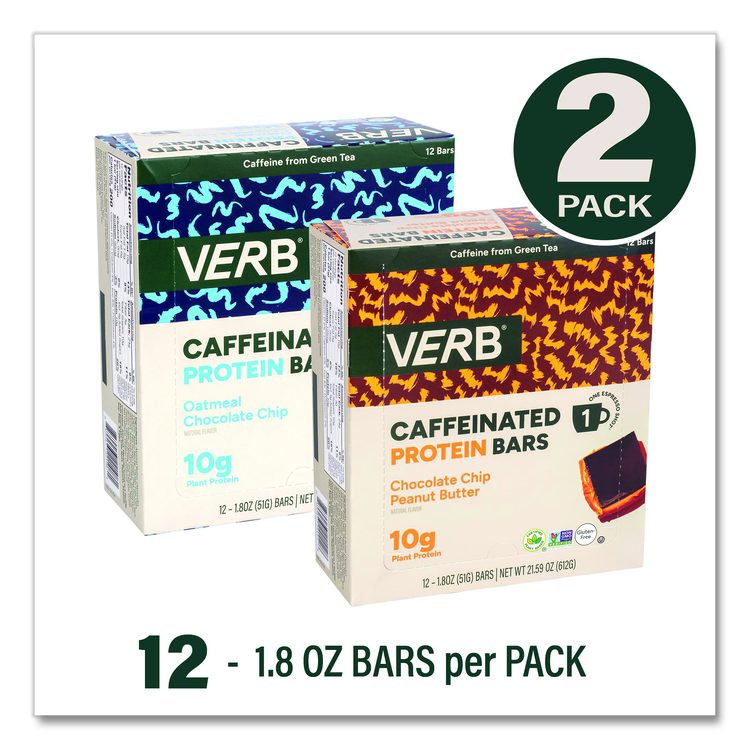 Caffeinated Protein Bar, Chocolate Chip Peanut Butter and Oatmeal Chocolate Chip, 1.8 oz Bar, 24/Box