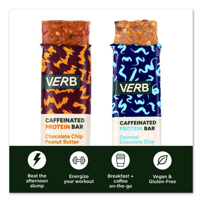 Caffeinated Protein Bar, Chocolate Chip Peanut Butter and Oatmeal Chocolate Chip, 1.8 oz Bar, 24/Box
