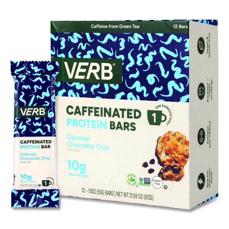 Caffeinated Protein Bar, Chocolate Chip Peanut Butter and Oatmeal Chocolate Chip, 1.8 oz Bar, 24/Box