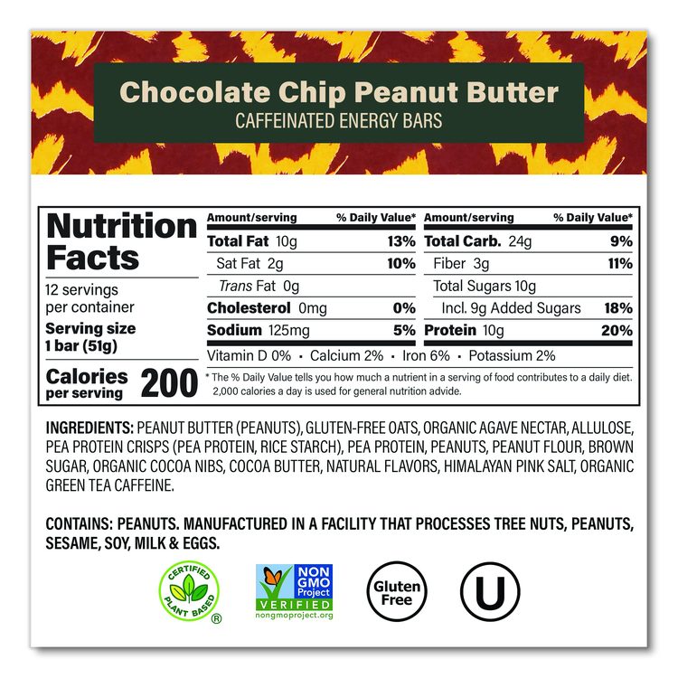 Caffeinated Protein Bar, Chocolate Chip Peanut Butter and Oatmeal Chocolate Chip, 1.8 oz Bar, 24/Box
