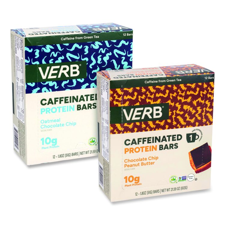 Caffeinated Protein Bar, Chocolate Chip Peanut Butter and Oatmeal Chocolate Chip, 1.8 oz Bar, 24/Box