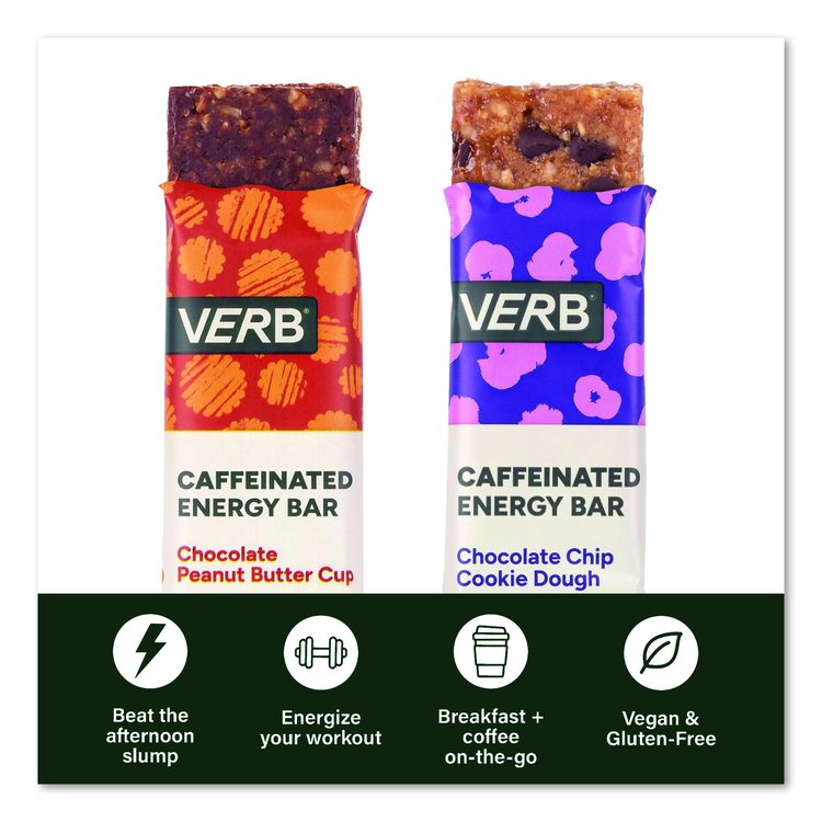 Caffeinated Energy Bar, Chocolate Peanut Butter Cup and Chocolate Chip Cookie Dough, 0.92  oz Bar, 32/Box