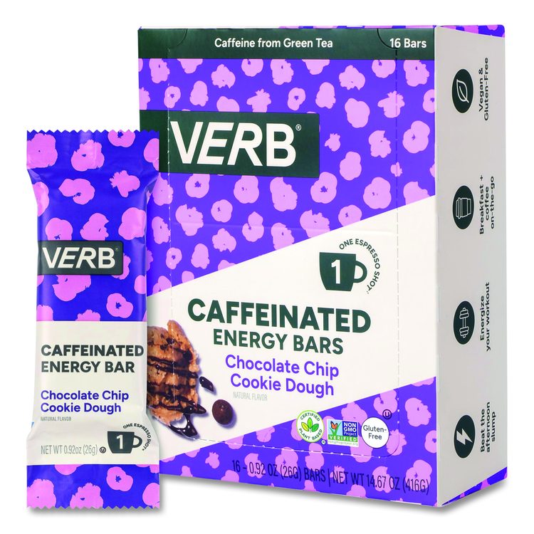 Caffeinated Energy Bar, Chocolate Peanut Butter Cup and Chocolate Chip Cookie Dough, 0.92  oz Bar, 32/Box
