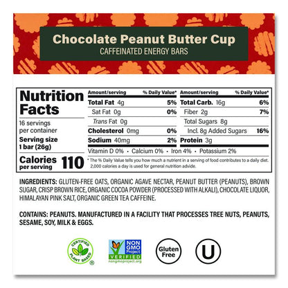 Caffeinated Energy Bar, Chocolate Peanut Butter Cup, 0.92 oz Bar, 16/Box