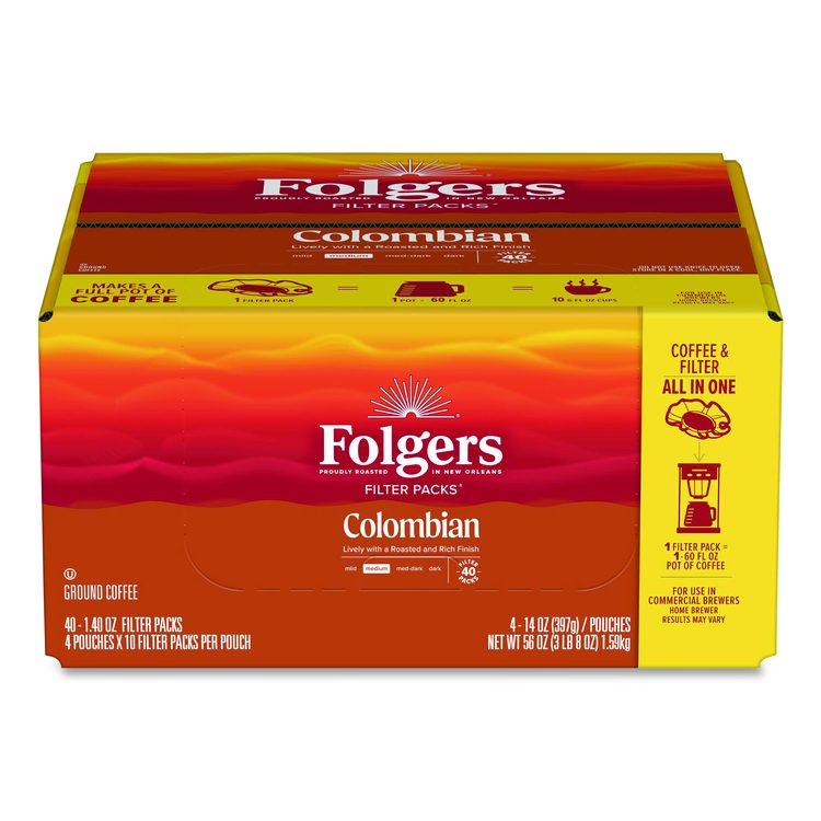 Coffee Filter Packs, 100% Colombian, 1.4 oz Pack, 40/Carton