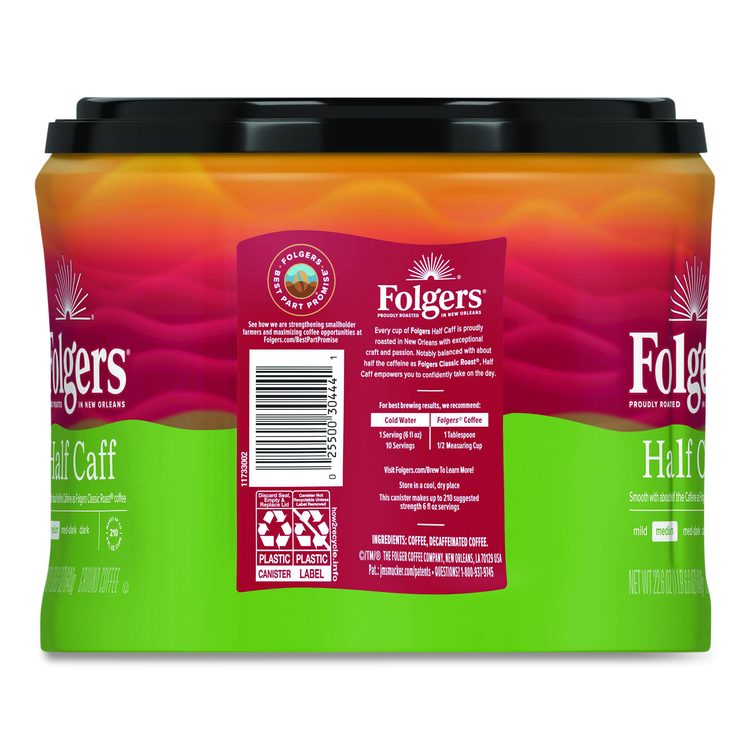 Half Caff Ground Coffee, 22.6 oz Canister, 6/Carton
