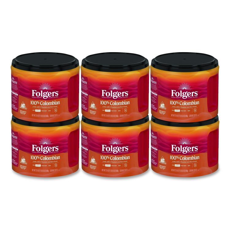 100% Colombian Coffee, 22.6 oz Canister, 6/Carton