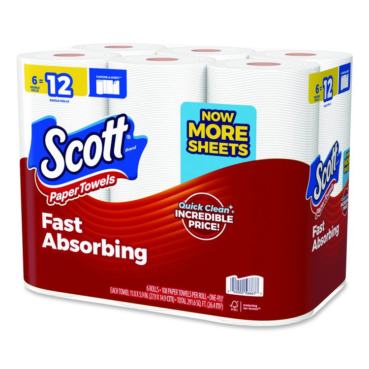 Choose-A-Sheet Kitchen Roll Paper Towels, Double Roll, 1-Ply, White, 108 Sheets/Roll, 6 Rolls/Pack, 4 Packs/Carton