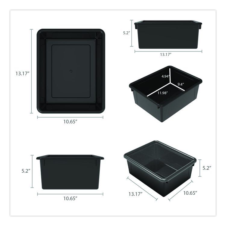 Storage Tray, Deep, 2 gal, 10.65" x 10.65" x 5.2", Black, 5/Pack