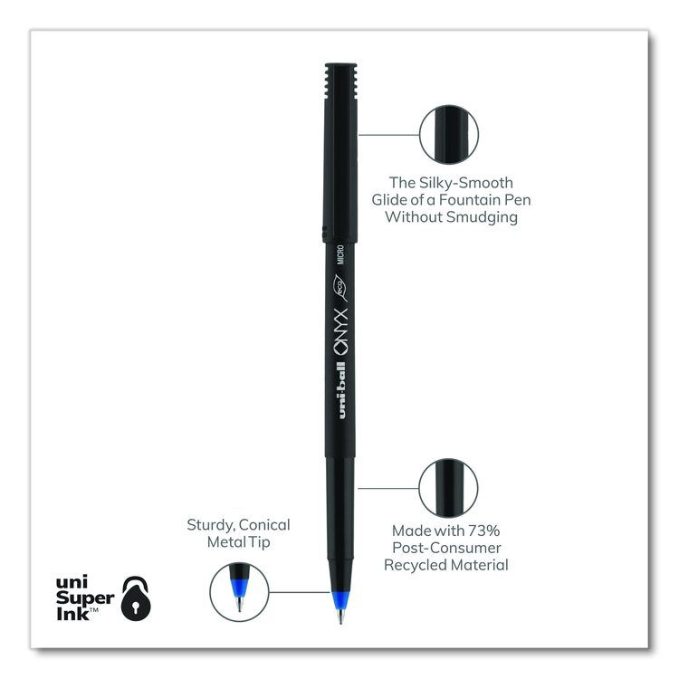ONYX Rollerball Pen, Stick, Micro 0.5 mm, Blue Ink, Black/Blue Barrel, Dozen