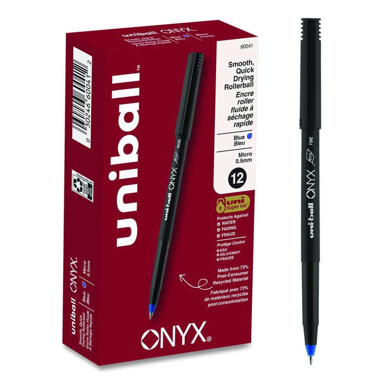 ONYX Rollerball Pen, Stick, Micro 0.5 mm, Blue Ink, Black/Blue Barrel, Dozen
