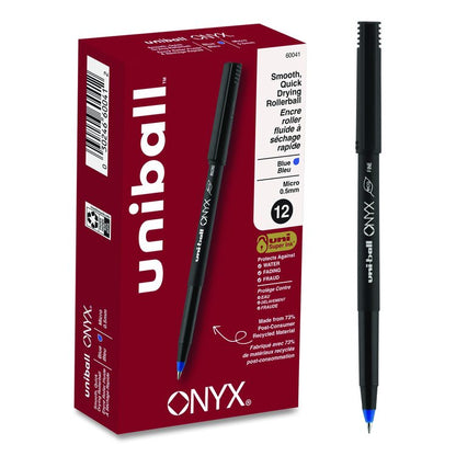 ONYX Rollerball Pen, Stick, Micro 0.5 mm, Blue Ink, Black/Blue Barrel, Dozen