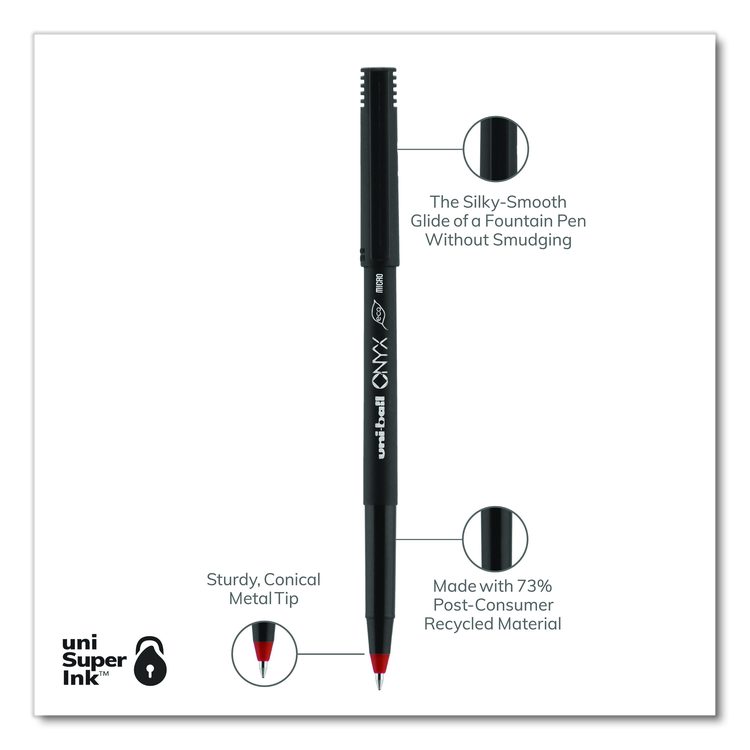 ONYX Rollerball Pen, Stick, Micro 0.5 mm, Red Ink, Black/Red Barrel, Dozen