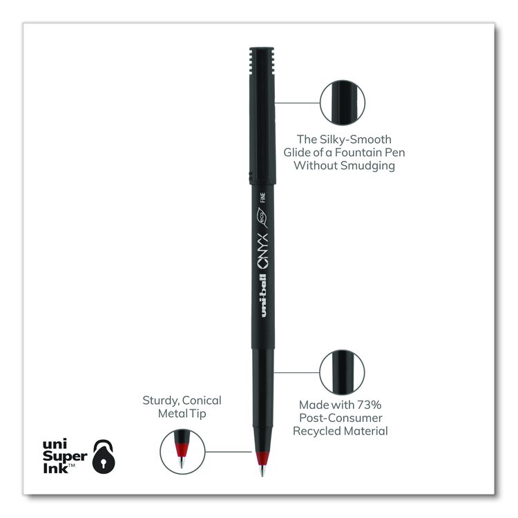 ONYX Rollerball Pen, Stick, Fine 0.7 mm, Red Ink, Black/Red Barrel, Dozen