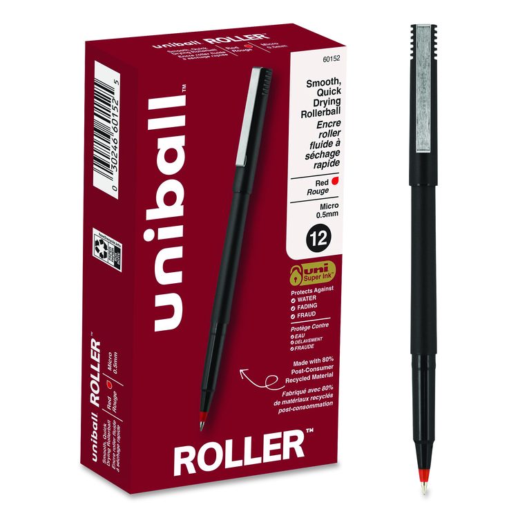 Rollerball Pen, Stick, Micro 0.5 mm, Red Ink, Black/Red Barrel, Dozen