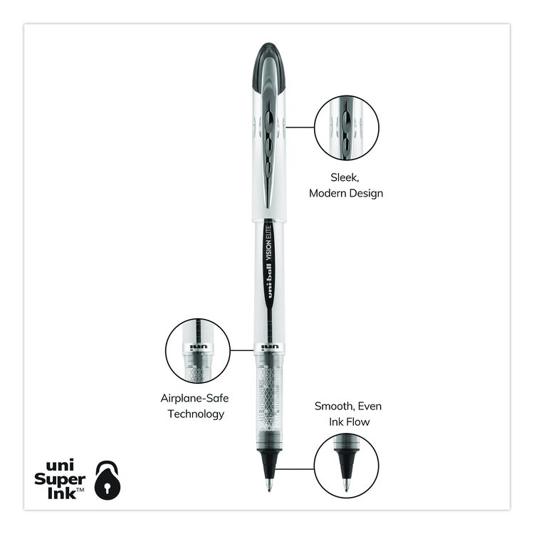 VISION ELITE Rollerball Pen, Stick, Bold 0.8 mm, Black Ink, White/Black/Clear Barrel