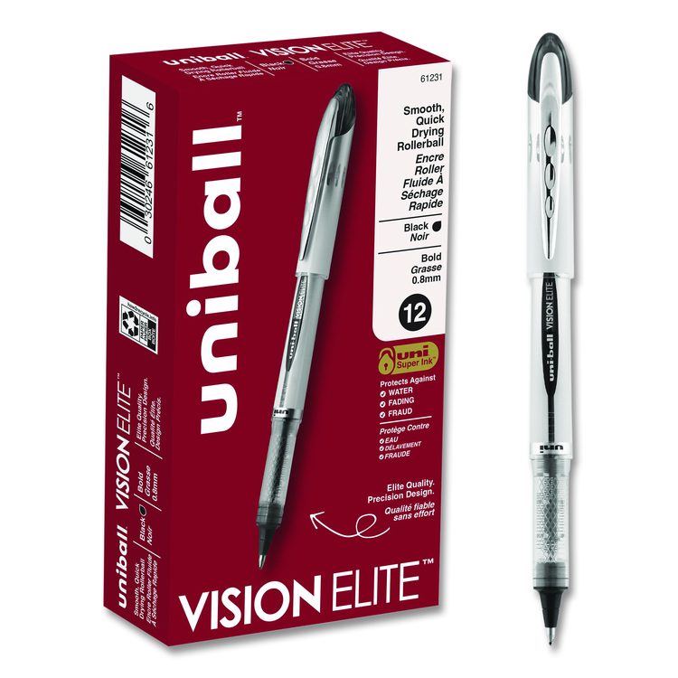 VISION ELITE Rollerball Pen, Stick, Bold 0.8 mm, Black Ink, White/Black/Clear Barrel