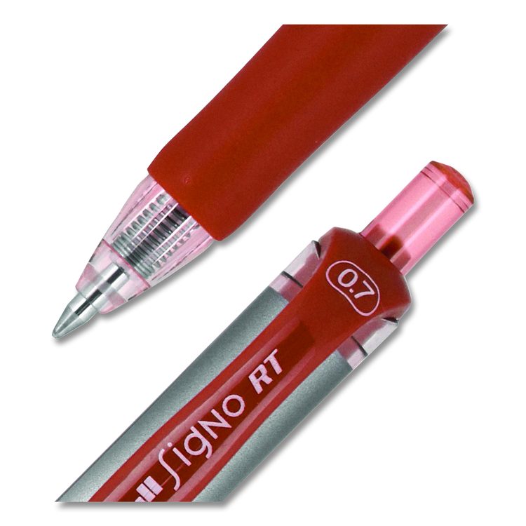 Signo Gel Pen, Retractable, Medium 0.7 mm, Red Ink, Silver/Red Barrel, Dozen