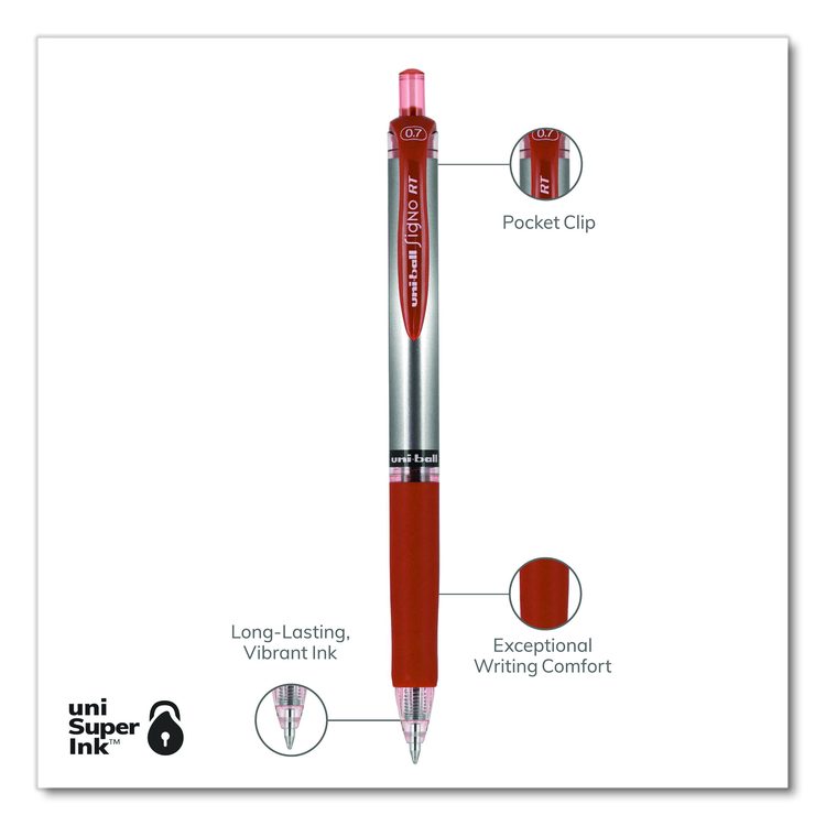 Signo Gel Pen, Retractable, Medium 0.7 mm, Red Ink, Silver/Red Barrel, Dozen