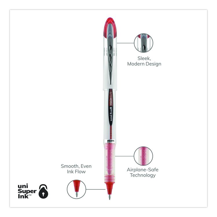 VISION ELITE Rollerball Pen, Stick, Bold 0.8 mm, Red Ink, White/Red/Clear Barrel