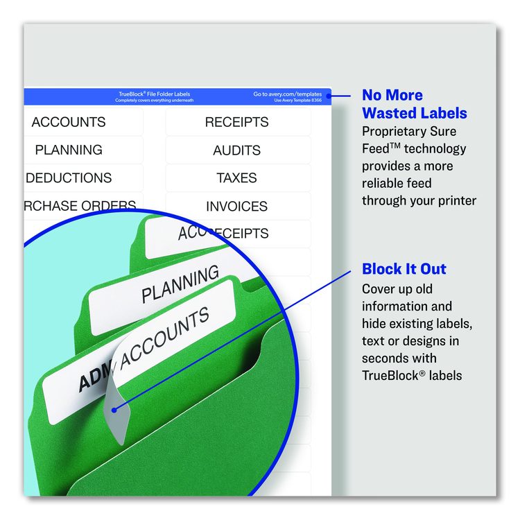 Permanent TrueBlock File Folder Labels with Sure Feed Technology, 0.66 x 3.44, White, 30/Sheet, 60 Sheets/Box