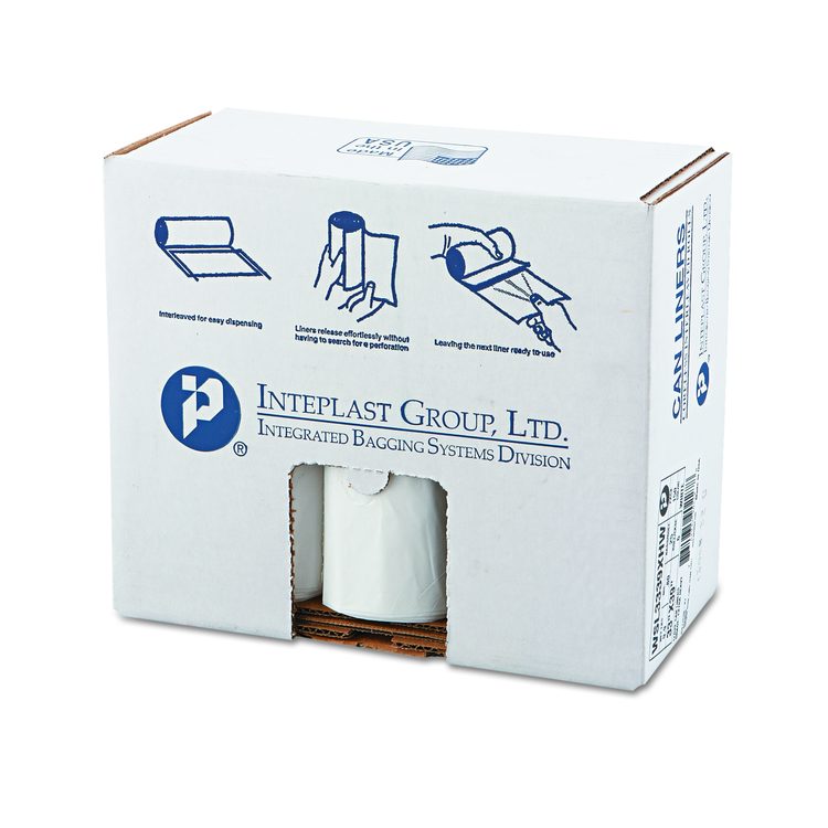 Low-Density Commercial Can Liners, 33 gal, 0.8 mil, 33" x 39", White, Interleaved Roll, 25 Bags/Roll, 6 Rolls/Carton