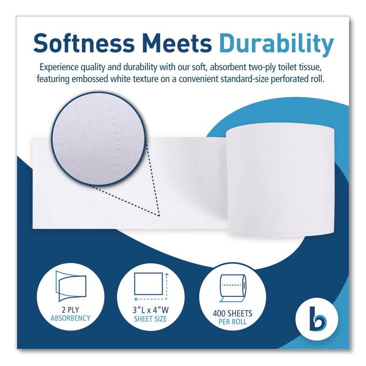 Two-Ply Toilet Tissue, Septic Safe, White, 400 Sheets/Roll, 96 Rolls/Carton