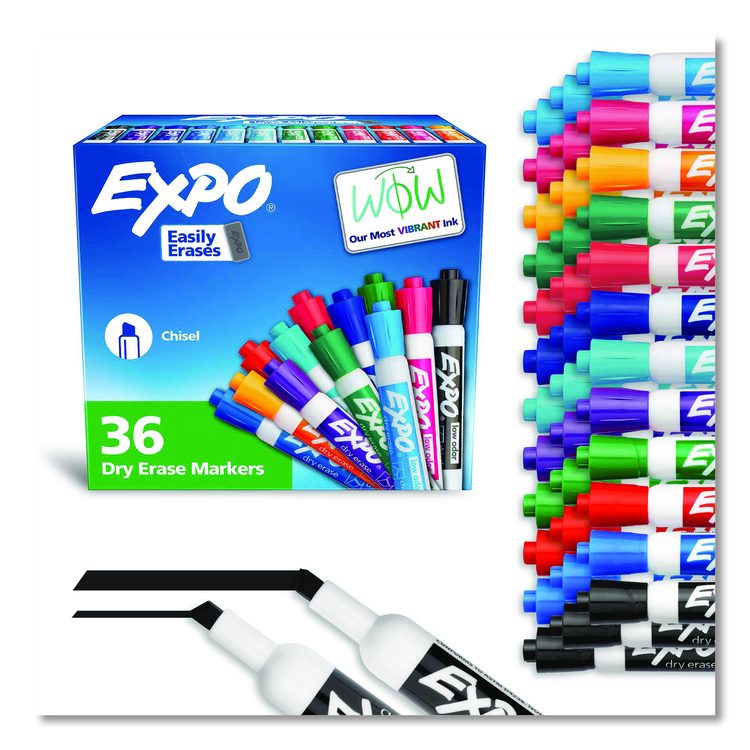 Low Odor Dry Erase Vibrant Color Markers, Broad Chisel Tip, Assorted Colors, 36/Pack