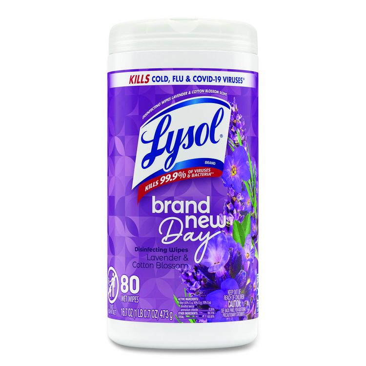 Disinfecting Wipes, 1-Ply, 7 x 7.25, Lavender and Cotton Blossom, White, 80 Wipes/Canister