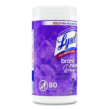 Disinfecting Wipes, 1-Ply, 7 x 7.25, Lavender and Cotton Blossom, White, 80 Wipes/Canister