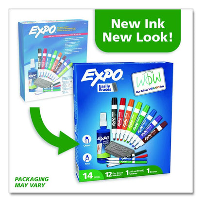 Low-Odor Dry Erase Marker, Eraser and Cleaner Kit, Medium Assorted Tips, Assorted Colors, 12/Set