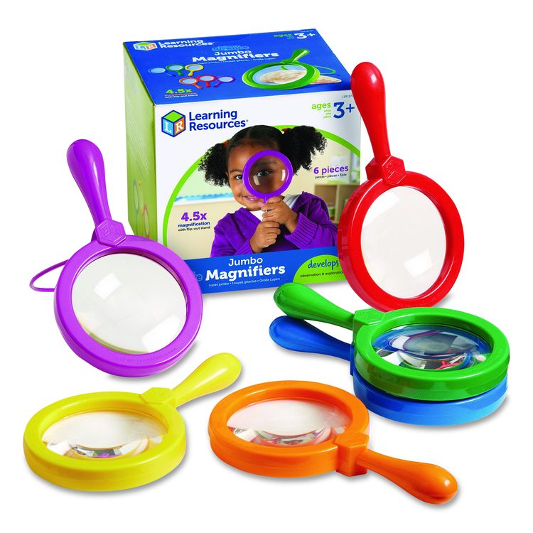 Jumbo Magnifers Set, 4.5X Plastic Lens, 4.5" dia, Assorted Colors, 6 Magnifiers