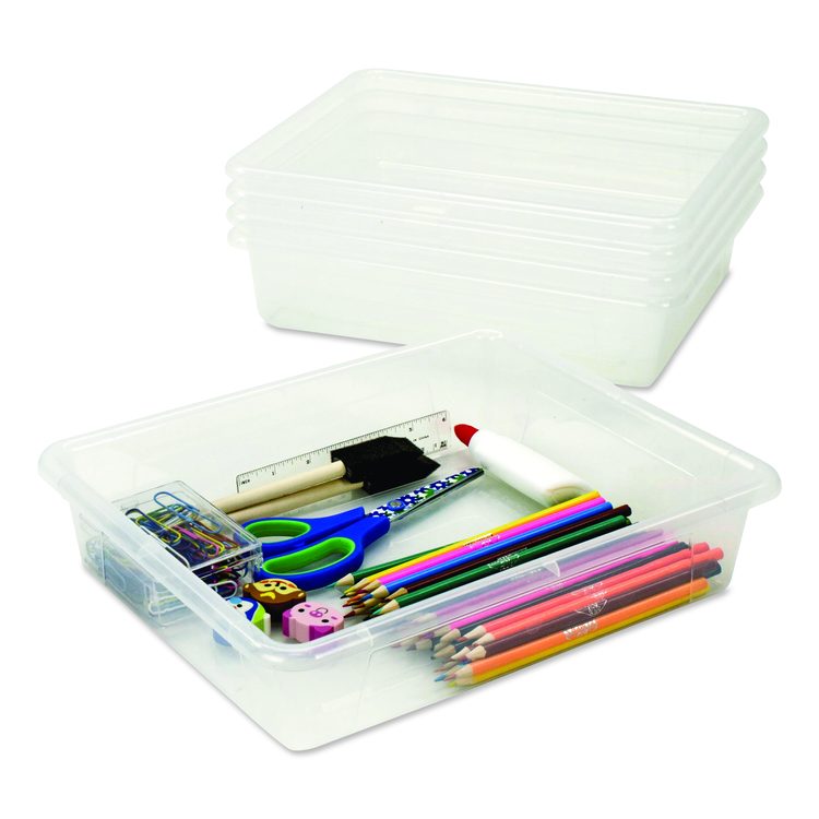 Storage Tray, Flat, 1.69 gal, 10.65" x 13.17" x 2.96", Translucent, 5/Pack