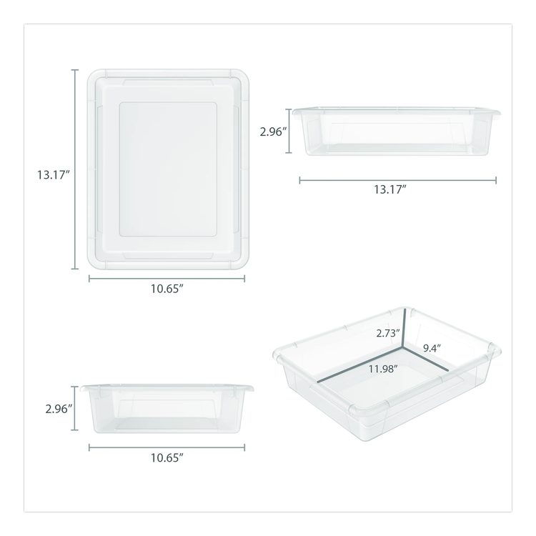 Storage Tray, Flat, 1.69 gal, 10.65" x 13.17" x 2.96", Translucent, 5/Pack