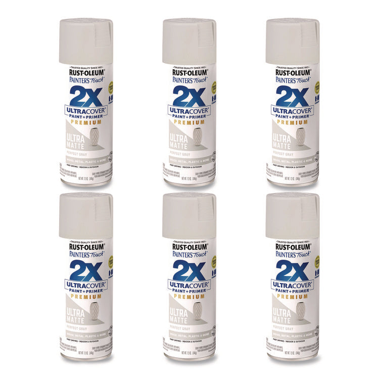 Painter's Touch 2X Ultra Cover Spray Paint, Ultra Matte Gray, 12 oz Aerosol Can, 6/Carton