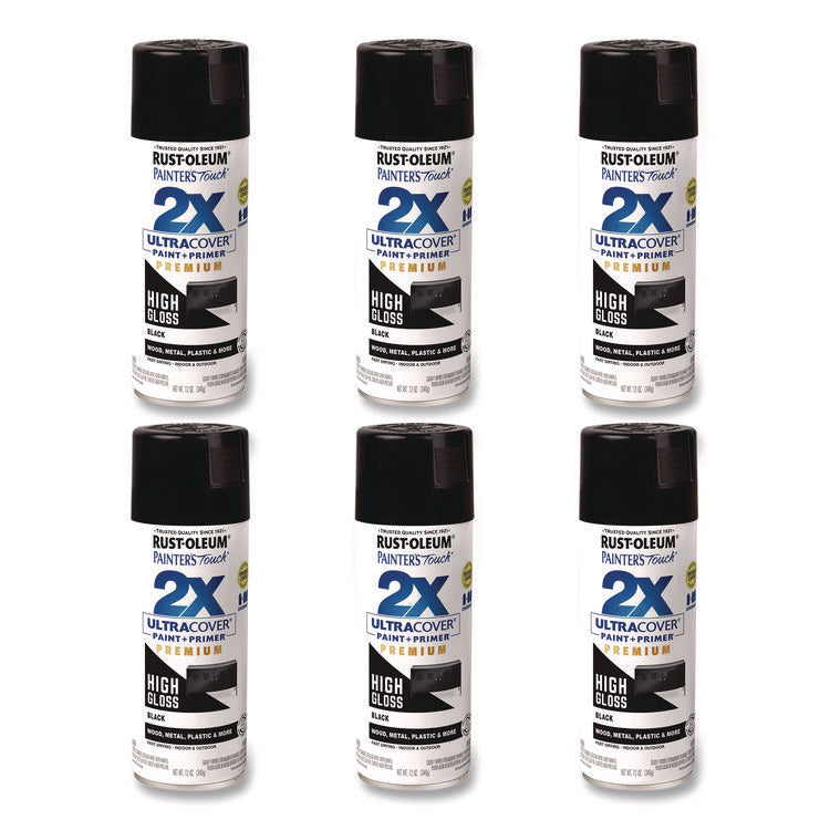 Painter's Touch 2X Ultra Cover Spray Paint, High Gloss Black, 12 oz Aerosol Can, 6/Carton