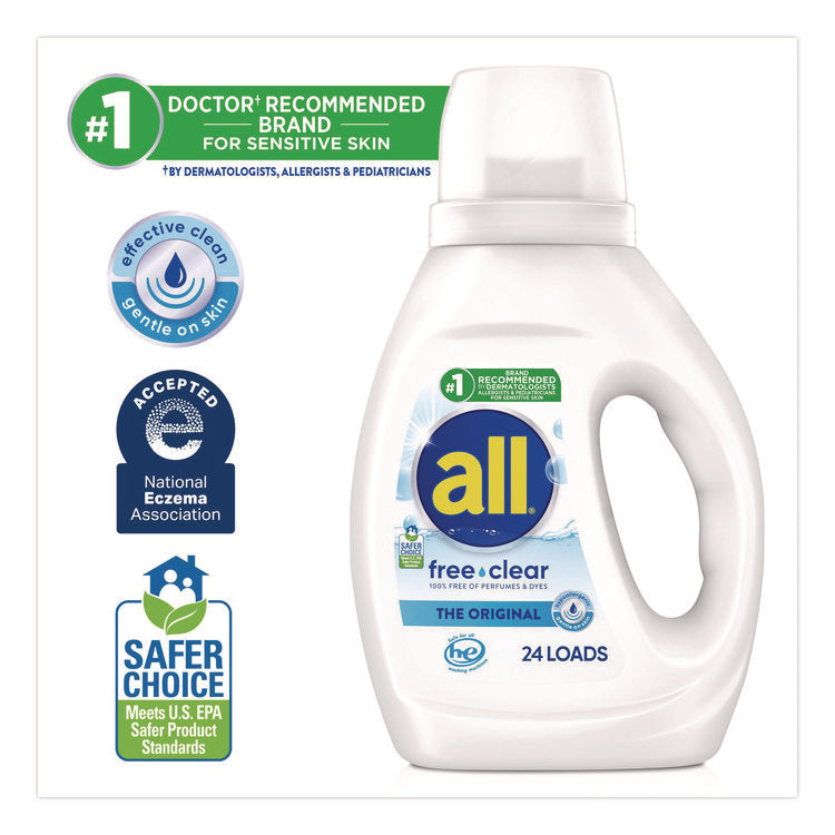 Free Clear HE Laundry Detergent, 24 Loads, Unscented, 30 oz Bottle, 6/Carton