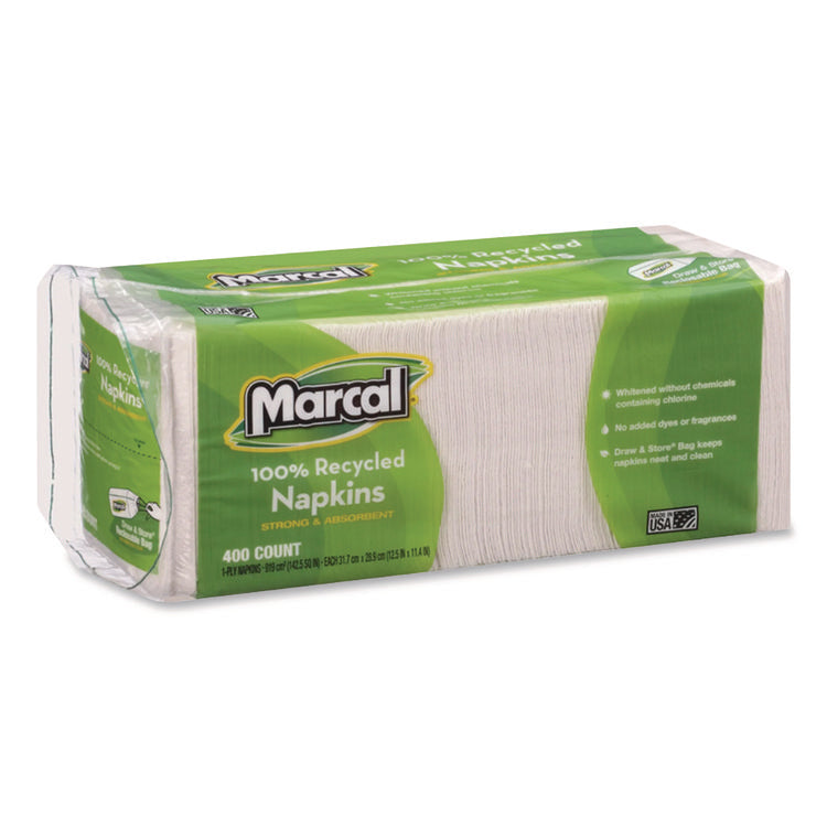 100% Recycled Luncheon Napkins, 1-Ply, 11.4 x 12.5, White, 400/Pack