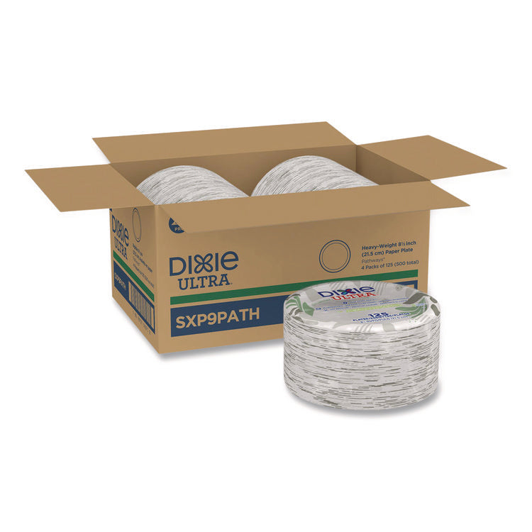 Pathways Soak Proof Shield Heavyweight Paper Plates, WiseSize, 8.5" dia, Green/Burgundy, 500/Carton