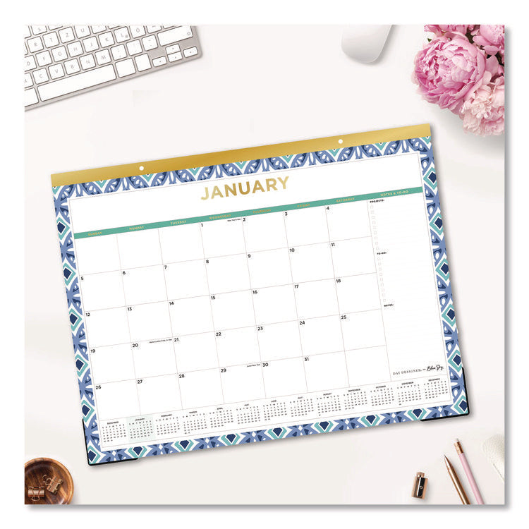 Tile Monthly Desk Pad Calendar, Geometric Artwork, 22 x 17, White/Blue/Green Sheets, 12-Month (Jan to Dec): 2026