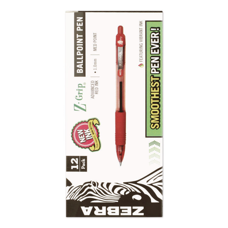 Z-Grip Ballpoint Pen, Retractable, Medium 1 mm, Red Ink, Red/Clear Barrel, Dozen