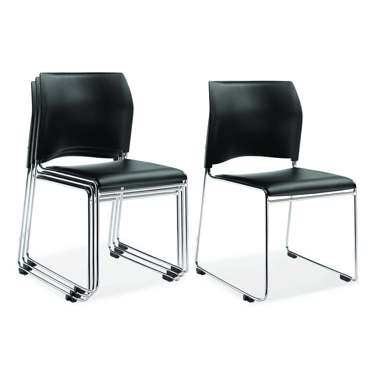 8700 Series Cafetorium Plush Vinyl Stack Chair, Supports Up to 500 lb, 18" Seat Height, Black Seat/Back, Chrome Base, 4/CT